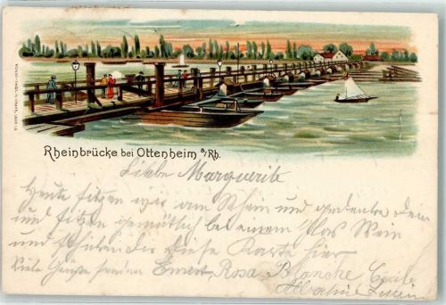 77963 W7635 Ottenheim , Schwarzw 1905 Gebrauchsspuren Rheinbrücke Segelboot Lithographie
