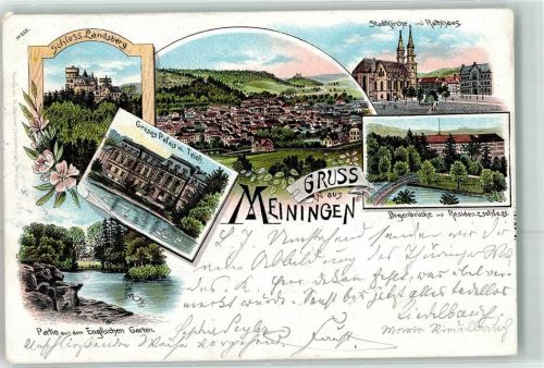 Meiningen 1897 Schloss Landsberg Stadtkirche u. Rathaus Bogenbrücke u. Residenzschloss Großes Palais m. Teich Englischer Garten