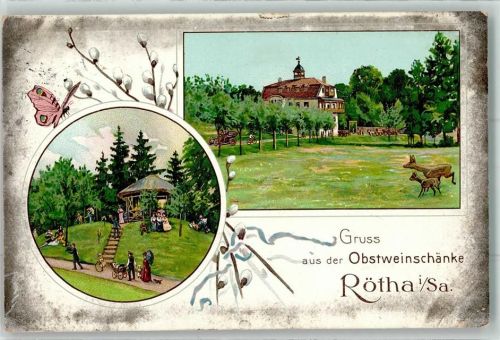 04571 O7209 Rötha 1916 Lithographie Obstweinschänke Rehe Schmetterling Pavillon Weidekätzchen
