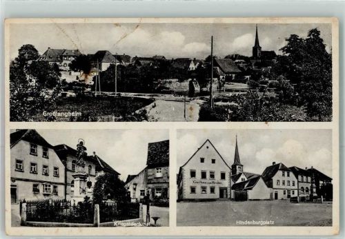 97320 W8711 Großlangheim - Kriegerdenkmal Hindenburgplatz Kirche Gasthaus zum Hirschen