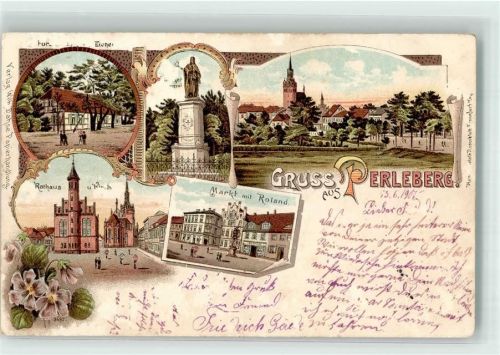 Perleberg 1900 Rathaus Marktplatz Roland Alpenveilchen Lithographie
