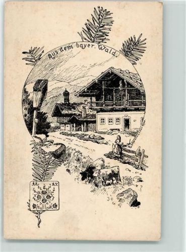 Haselbach Aus dem bayerischen Wald Kühe Bäuerin Bauernhaus Tannenzweig Flurkreuz sign. R. Scheibenzuber 1900