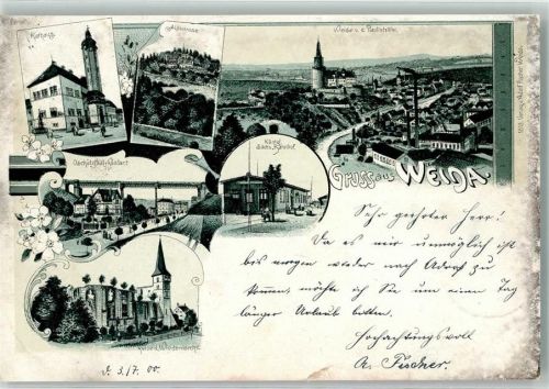 Weida 1900 Gasthaus Alpenrose Rathaus Oschütztal-Viadukt Wiedenkirch-Ruine Lithographie