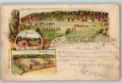 Königsbrück 1903 Maschinenwerk Barackenlager Soldaten Pferd Gruss Zieldorf Blumen