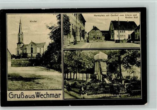 Wechmar 1927 Kriegerdenkmal, Kirche , Marktplatz mit Gasthaus zum Löwen AK