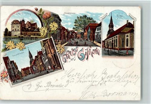 38518 W3170 Gifhorn 1897 Gebrauchsspuren Gruss aus - Litho, Hauptstraße, Kirche, Schloß AK