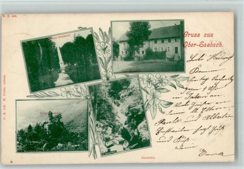 Obersasbach 1902 Kriegerdenkmal, Schloss, Wasserfall Gaishöhle AK