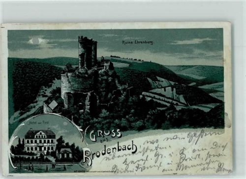 Brodenbach 1902 Ruine Ehrenburg Hotel zur Post Lithographie/ Mondschein