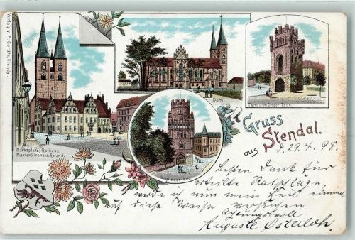 39576 O3500 Stendal 1898 Lithographie Marktplatz Rathaus Marienkirche Roland Dom Tangermünder Tor Unglinger Tor