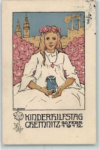 O9000 Chemnitz , Sachs Kinderhilfstag sign. M. Schrag Blumentag 1912 Künstlerkarte