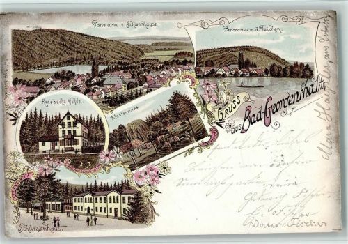 Georgenthal Gruss aus - Schützenhaus, Klosterruine, Rodebachs Mühle AK