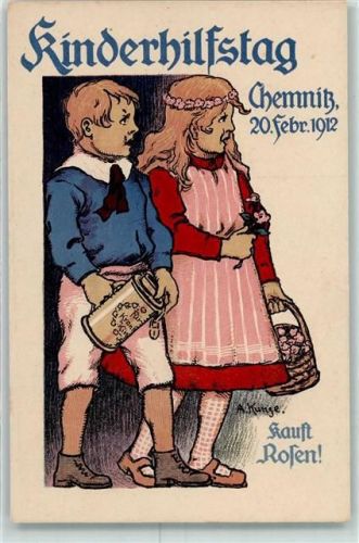 O9000 Chemnitz , Sachs Kinderhilfstag 1912 sign. A. Kunge Sammeldose AK Blumentag Künstlerkarte