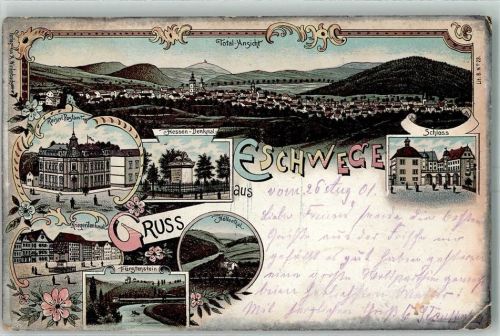 Eschwege 1901 Schloss Hessen-Denkmal Kaiserl. Postamt Kriegerdenkmal Höllenthal Fürstenstein Lithographie