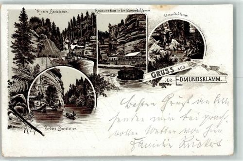 Hrensko Herrnskretschen 1894 Lithographie Hintere Bootstation Gasthaus Restauration in der Edmundsklamm Vordere Bootstion