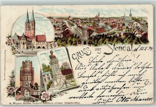 39576 O3500 Stendal 1899 Lithographie Rathaus Roland St. Marienkirche Nachtigal Denkmal Ünglinger Tor Blumen Gruss