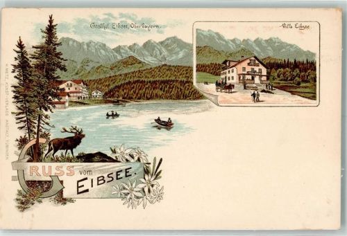 Eibsee Gasthof Eibsee Villa Eibsee Ruderboot Lithographie