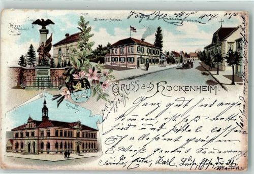 68766 W6832 Hockenheim 1898 Lithographie Kriegerdenkmal Bahnhofstraße Rathaus