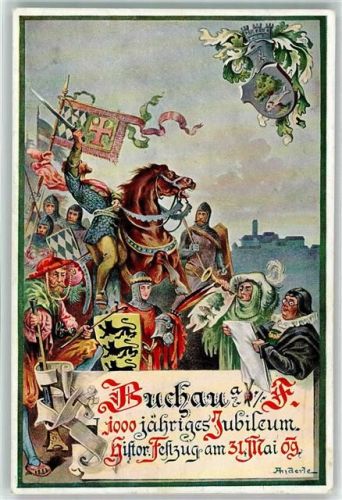 Buchau 1000 jähriges Jubiläum historischer Feldzug 31. Mai 1909 Wappen Fane Pferd sign. Künstlerkarte