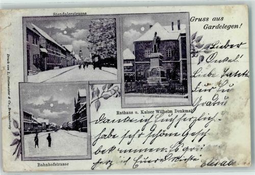 39638 O3570 Gardelegen 1900 Gebrauchsspuren Winter Stendalerstraße Rathaus u. Kaiser Wilhelm Denkmal Bahnhofstraße