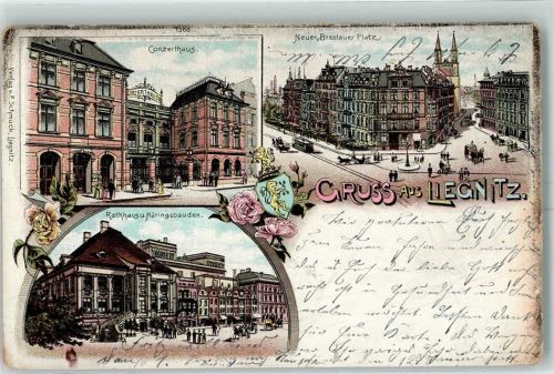 Liegnitz Konzerthaus Neuer Breslauer Platz Rathaus Häringsbauden Lithographie