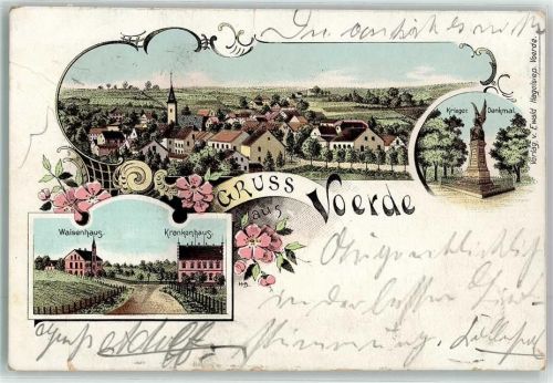 58256 W5828 Ennepetal Gebrauchsspuren Voerde Kriegerdenkmal Waisenhaus Krankenhaus Kirche Blumen Gruss Lithographie