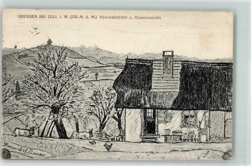 79669 W7863 Gresgen 1918 Künstlerkarte Rümmelisbühl u. Alpenaussich Hausmichel Bauer Kühe Hühner