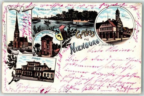 31582 W3070 Nienburg Weser 1901 Lithographie Bahnhof Weser Rathaus Stockturm St. Martins-Kirche