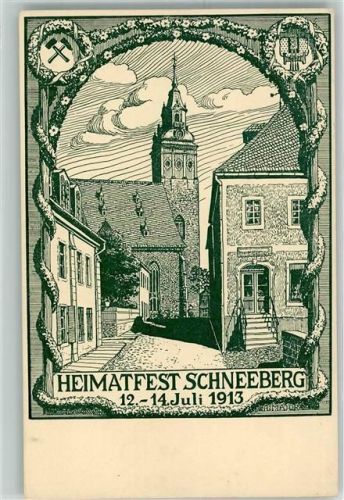 Schneeberg Heimatfest 12.-14. Juli 1913 Kirche Kranz Hammer Wappen sign. A. Major