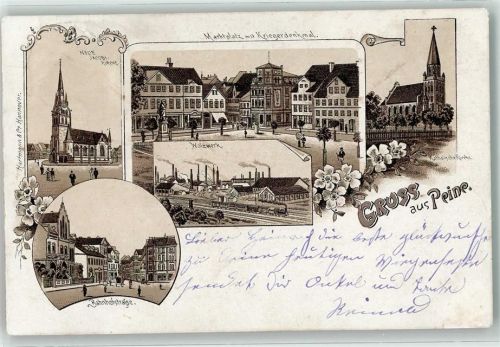 Peine 1897 Vorläufer Jacobi-Kirche Walzwerk Marktplatz Kriegerdenkmal Bahnpost Zug 144