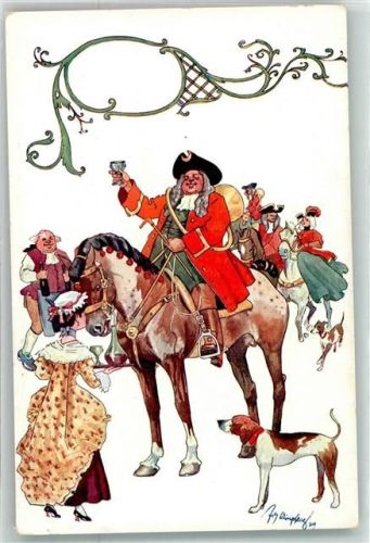 Ein dicker Jäger zu Pferd mit geschultertem Horn und Jagdhund hebt sein Glas zum Gruß B.K.W.I. 2521-5 Schönpflug, F. Künstlerkarte