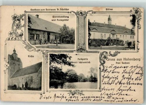 Hohenberg-Krusemark 1912 Gasthaus Zum Veteran Fr. Schröder Warenhandlung Postagentur Schloss Kirche Park SChlossteich
