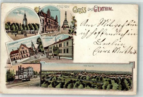 39307 O3280 Genthin 1908 Gebrauchsspuren Marktplatz Bahnhof Amtsgericht Landratsamt Kaiserl. Post Lithographie