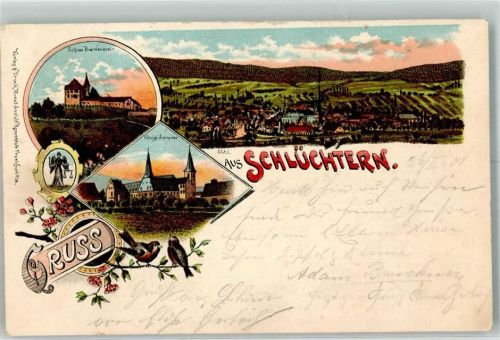 36381 W6490 Schlüchtern 1901 Lithographie Singvögel Schloß Brandenstein Kgl. Seminar