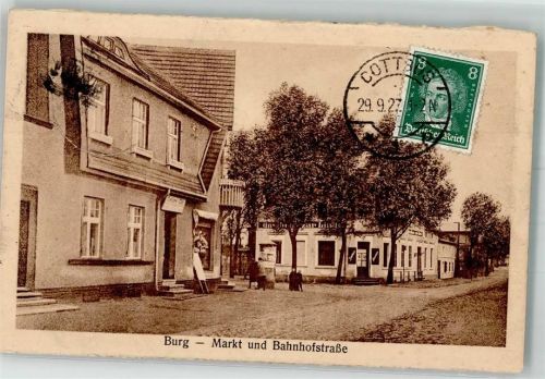 03096 O7502 Burg , Spreewald Gebrauchsspuren Markt und Bahnhofstraße Gasthaus zur Linde Emailleschilder Stempeldurchschlag