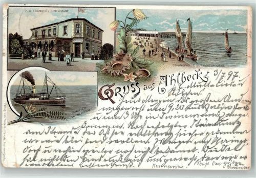 Seebad Ahlbeck 1897 Strand Segelboote Dampfer Winemünde Gasthaus Steenborg Litho