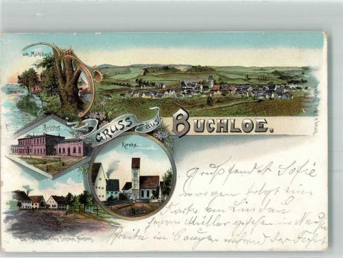 86807 W8938 Buchloe 1898 Lithographie Am Mühlbach Bahnhof Kirche