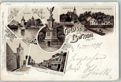 Bernau 1898 Pulverturm Königstor Kaiserstraße Postamt St. Marienkirche Krieger-Denkmal Bahnpost Berlin Stralsund Zg. 622