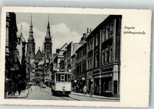 Liegnitz Legnica Foto AK Straßenbahn Goldbergerstrasse Kirche Geschäft