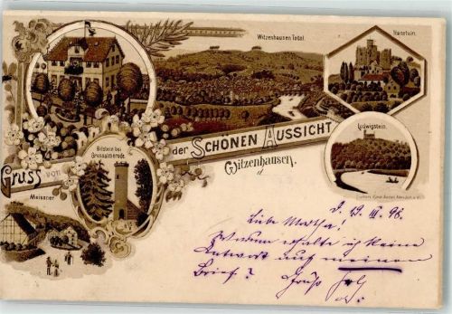 Witzenhausen 1898 Gasthaus zur Schönen Aussicht Burgruine Hanstein Ludwigstein Bilstein-Aussichtsturm Bahnpost Berlin-Kassel