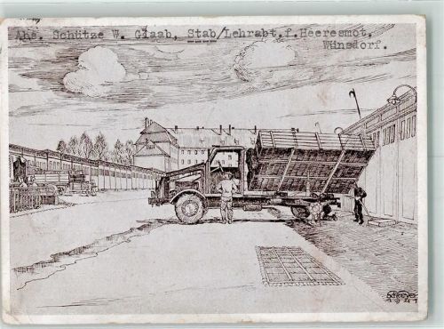 Gera 1942 sign. Schreyer Fahrzeughallen und Block VII mit Krankenrevier Kraftfahr-Ersatz-Abteilung 29 Feldpost Lehr-Abt. für Heeresmotorisierung Künstlerkarte