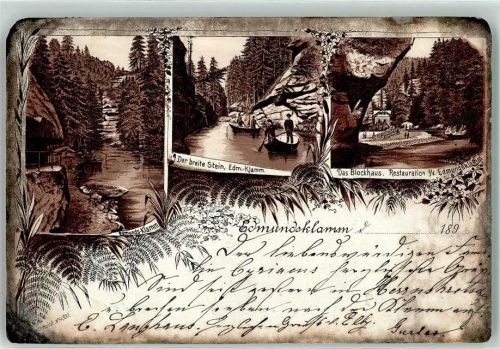Hrensko Herrnskretschen 1892 Gebrauchsspuren Edmunds Klamm der breite Stein Gasthaus Blockhaus Lithographie