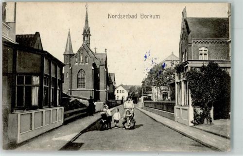 Borkum 1916 Kirche Maria Meeresstern Onselstraße Frau mit Kinderwagen Kinder