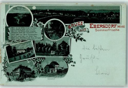 Ebersdorf 1899 Heinrichstein Blick Häuschen Fürstliches Schloss Teichhäuschen Pensionat Bahnhof Eisenbahn Kutsche Blumen Gruss Sommerfrische Mond