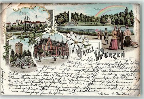 Wurzen 1899 Aussichtsturm Post Schloß Parkteich Regenbogen Hund