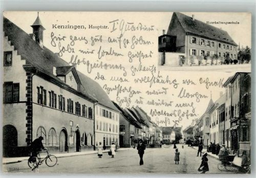 Kenzingen 1905 Hauptstrasse Haushaltungsschule Fahrradfahrer Brummen Kinderwagen