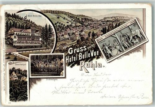 99842 O5906 Ruhla 1898 Lithographie Hotel Belle-Vue Dichterhain Emmitempel Relief a. d. Landgrafenschmiede