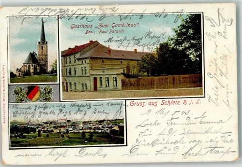 Schleiz 1903 Gasthaus Zum Gambrinus Schleizer Kirche Wappen