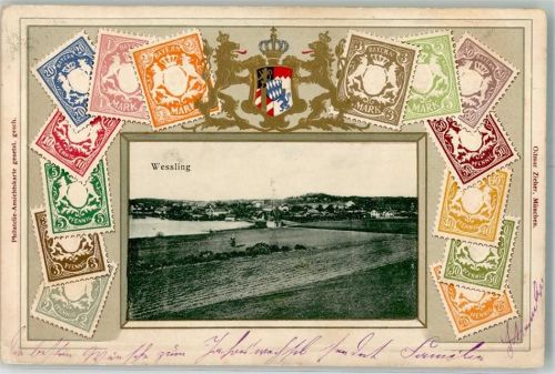 82234 W8031 Weßling , Oberbay Prägedruck Briefmarken-AK Wessling Wappen Verlag Ottmar Zieher-München