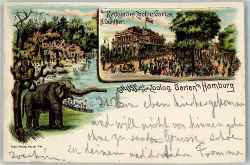 Stellingen 1894 Gruss aus Zool. Garten Restaurant Elefant Lithographie
