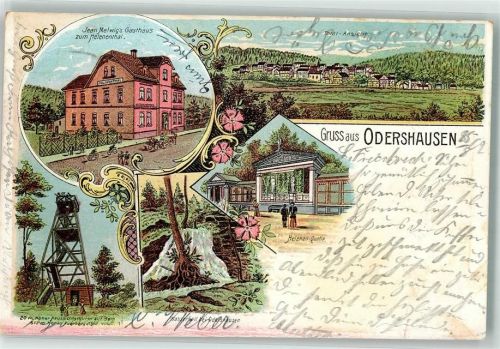 34537 W3590 Odershausen 1902 Lithographie Gasthaus Melwig Aussichtsturm Helenen-Quelle Wasserfall